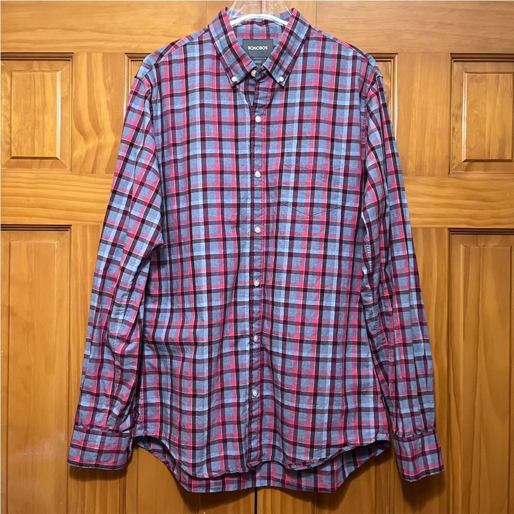 Bonobos Red/Gray Plaid Slim Fit Shirt Size Large Long